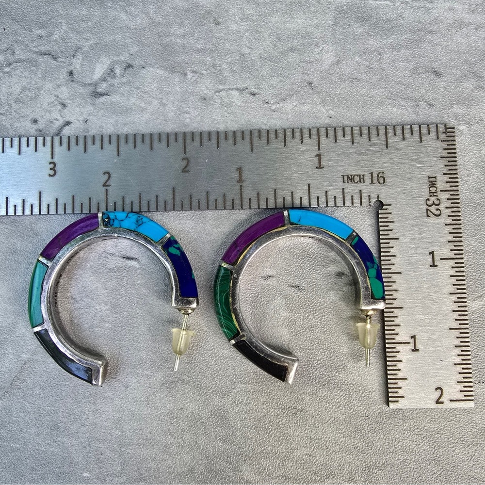 Mexico 950 Silver Multi Stone Inlay Hoop Earrings TN-57 Turquoise Malachite 14g - Picture 13 of 14